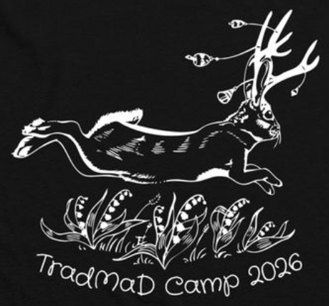 Jackalope, bells on strings streaming behind its antlers, vaults over bluebells. TradMaD Camp 2026.